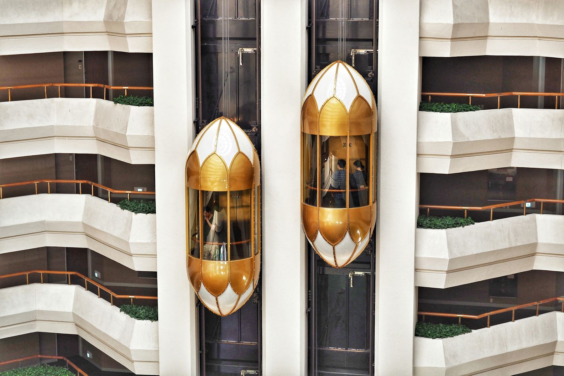 Ornate gold and glass panoramic elevator capsules on a hotel atrium facade
